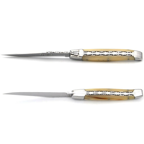 Laguiole Steak Knives Chiseled Double Plates Pale Horn Tip Prestige Collection - Zouf.biz